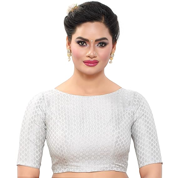 Women's Silver Banaras Brocade Readymade Saree Blouse with Elbow Length Sleeves & with Boat Neck