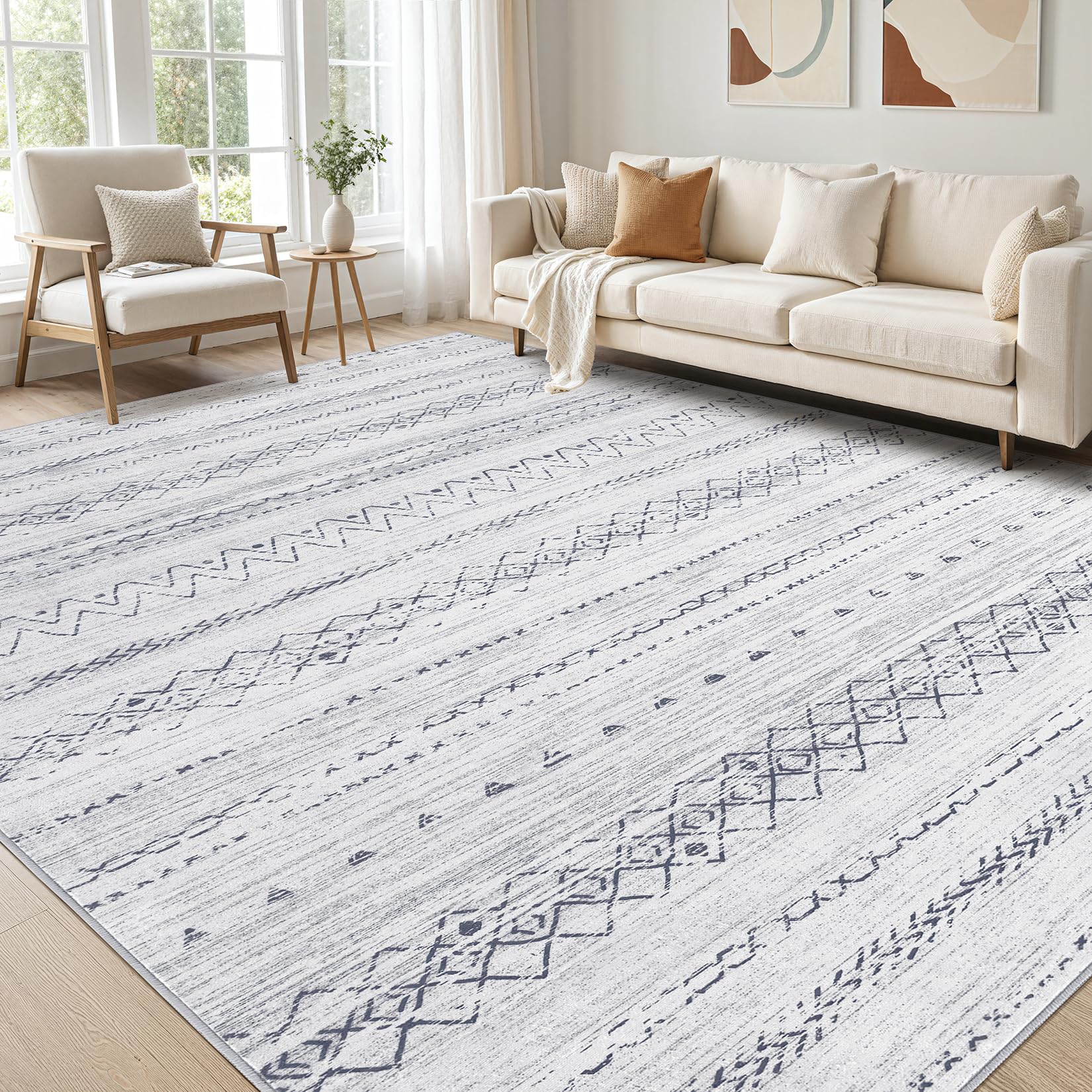 cotiled 7x9 Area Rug for Living Room, Washable Non-Slip Large Area Rug, Indoor Floor Carpet Low Pile Soft Boho Farmhouse Rug for Bedroom Dining Room (Brown,7'x9') Image