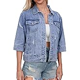 Muundim Women's Short Sleeve Jean Jacket Cropped Distressed with Frayed Hem Denim Jackets Top Plus Size