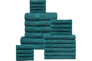 HILLFAIR 100% Cotton Towels Set for Bathroom, Quick Drying, High Absorbent 24Pc Towel Set, 2 Bath Sheets, 4 Bath Towels, 6 Hand Towels, 4 Fingertip Towels, 8 Washclothes: Teal (600GSM-24PC-TEAL)