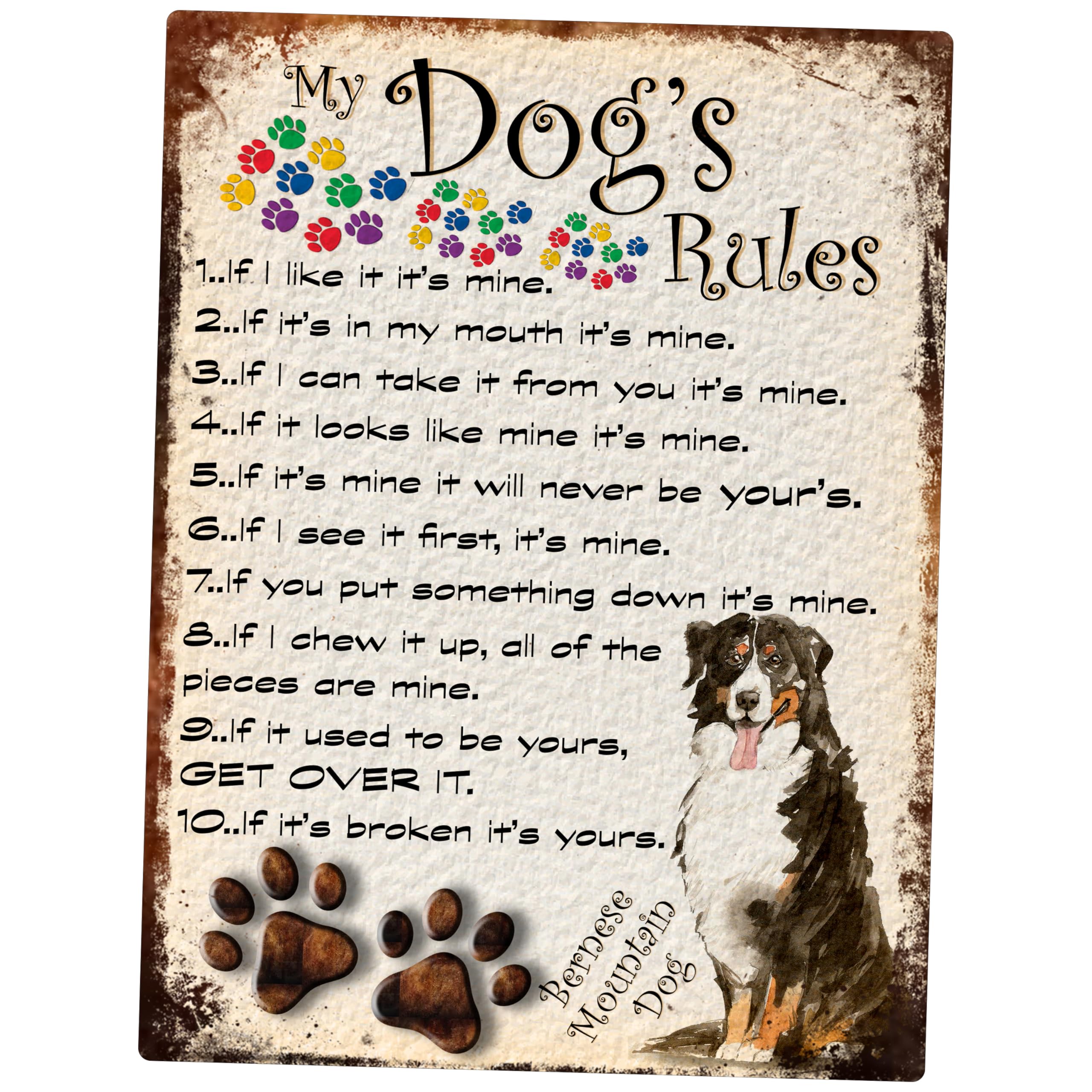 MY DOG'S RULES RETRO STYLE METAL TIN BERNESE MOUNTAIN DOG SIGN/PLAQUE THEME 10" X 8" (58DRM)