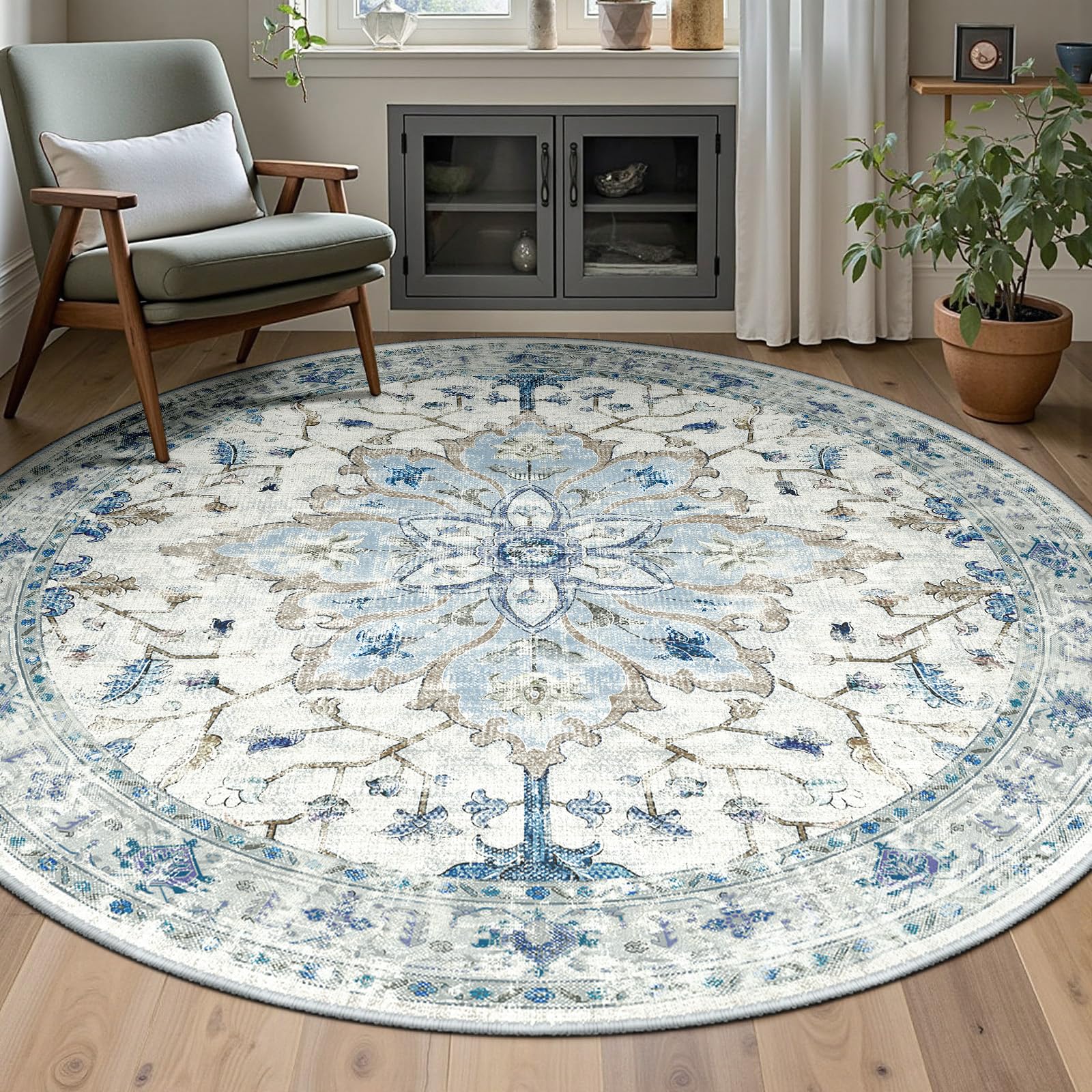 Photo 1 of RELEANY Area Rugs 6ft Washable Non-Slip, Floral Vintage Distress Print Pattern Medallion Carpet for Living Room Bedroom Dining Room, Light Blue Navy Beige Gray White