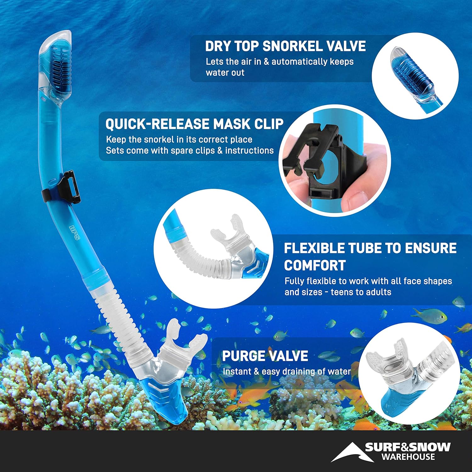 BPS Diving Set with Travel Bag - Free-Diving Snorkel Set with Carry Bag - with Dry Top Snorkel and Snorkel Mask (Aqua Blue) : Sports & Outdoors