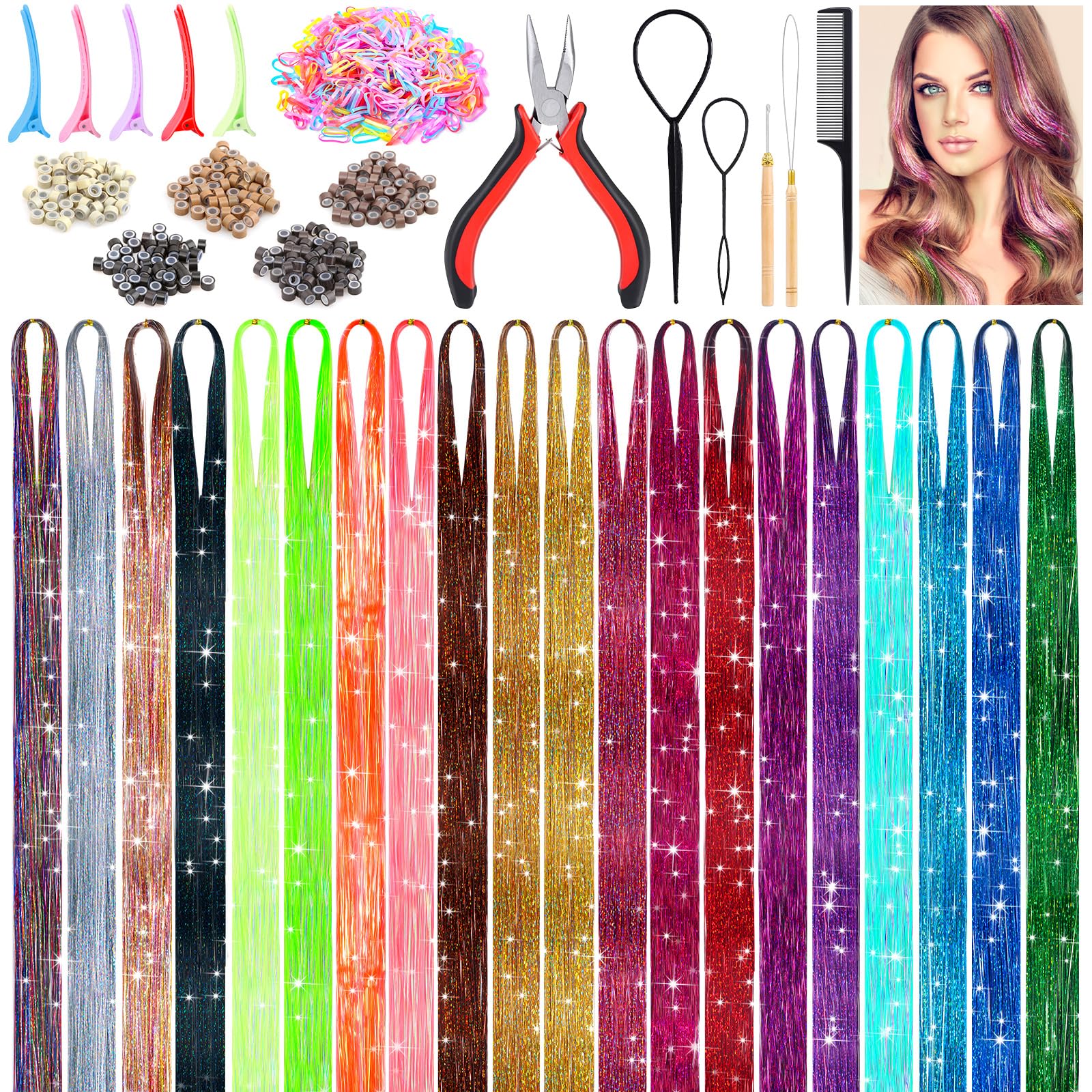Photo 1 of 6000 Strands Hair Tinsel Kit in 20 Colors, Glitter Tinsel Hair Extensions Kit Heat-resistant, Fairy Hair Tinsel Tool for Shiny Hair Extension, Women Girls Hair Accessories at Party