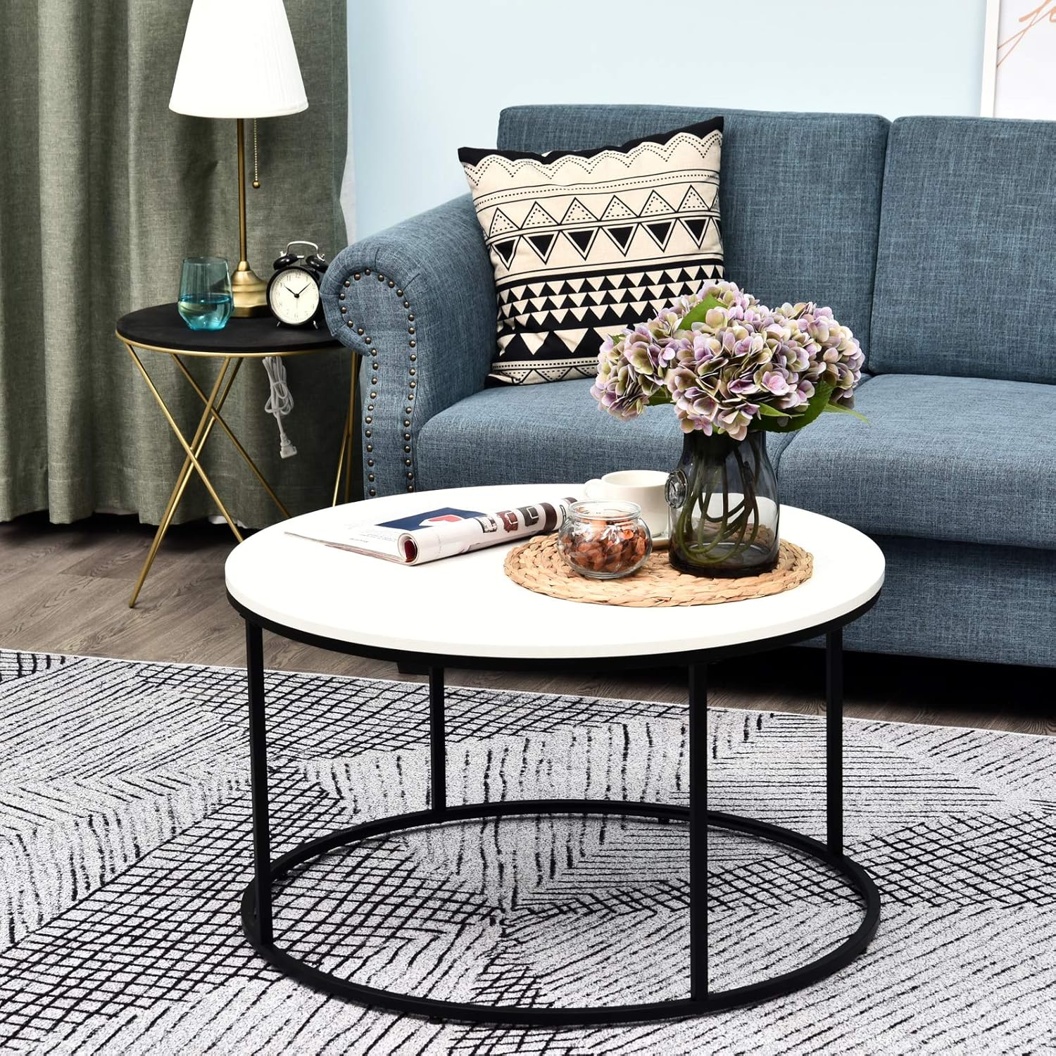 HOMCOM Wood Round Coffee Sofa Table Side with a Modern Design, Black Metal Frame and Easy Maintenance, White: Furniture & Decor