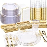Nervure 350PCS Clear Gold Plastic Plates - Gold Plastic Dinnerware Sets for 50 Guests - 100 Disposable Plates, 150 Silverware, 50 Cups, 50 Napkins for Wedding & Party & Thanksgiving