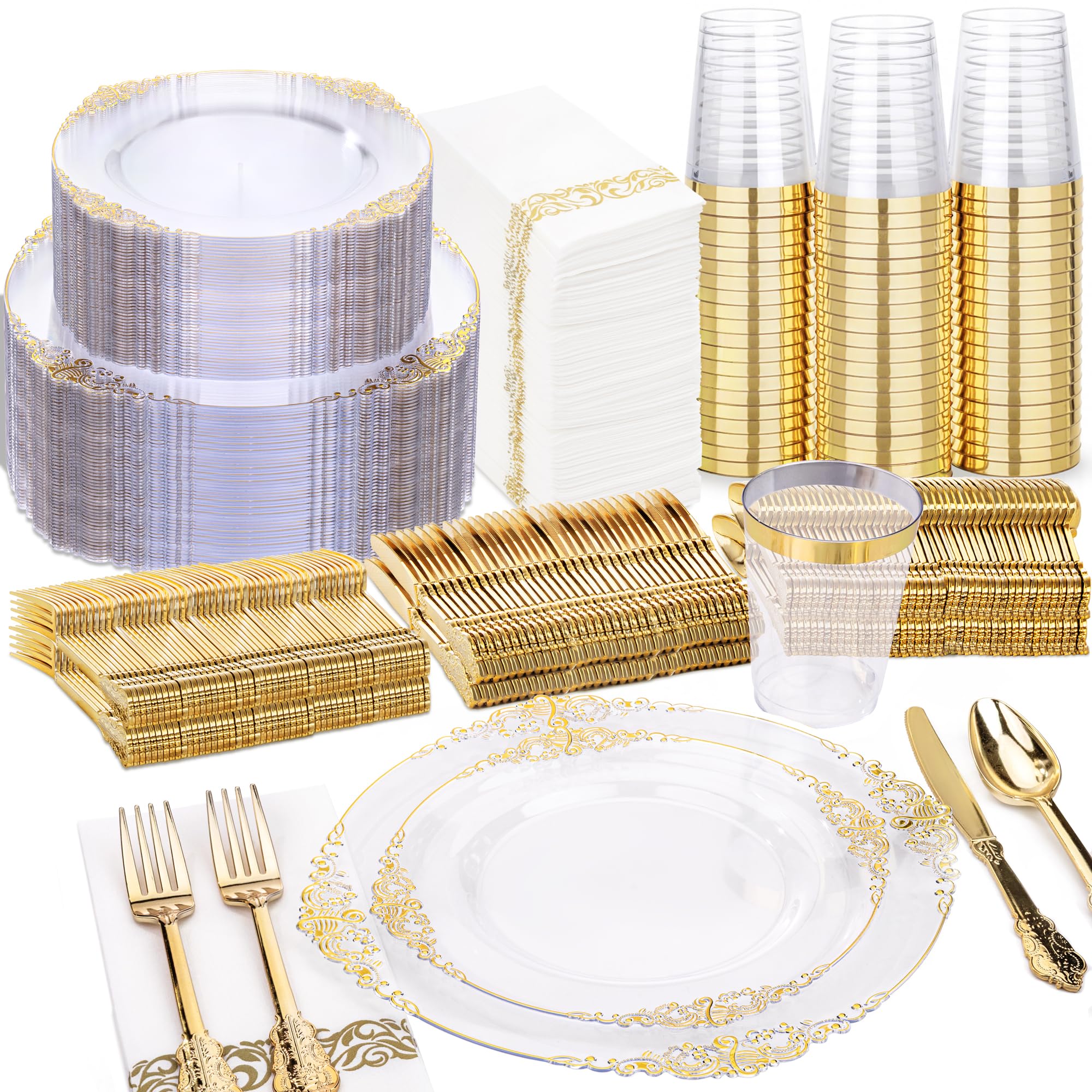 Photo 1 of Nervure 350PCS Clear Gold Plastic Plates - Gold Plastic Dinnerware Sets for 50 Guests - 100 Disposable Plates, 150 Silverware, 50 Cups, 50 Napkins for Wedding & Party & Thanksgiving