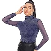 Women's Turtleneck Top Long Sleeve Slim Fit Shirts Mesh Sheer See Through Casual Top