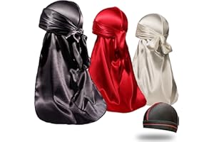 ForceWave 3 Pieces Silky Durags and 1 Wave Cap Pack for Men Waves, Moisture-Tech Fabric Satin Du-Rag