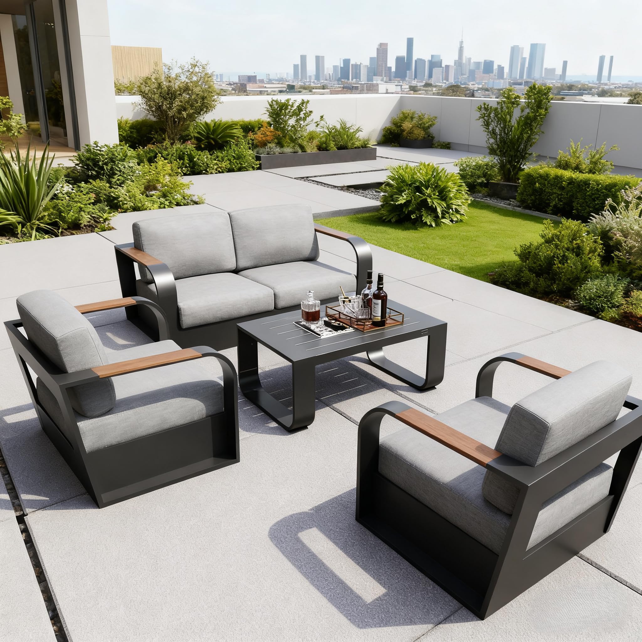 Photo 1 of EAST OAK EAST OAK Signature 4 Pieces Patio Furniture Set, Outdoor Furniture with Aluminum Frame, Deep Seating Loveseat & Coffee Table, Modern Set for Porch & Balcony, Dark Grey