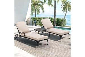 Villeston Chaise Lounge Chair Outdoor- Patio Pool Chairs Tanning Lounges for Outside Beach Lounger Cast Aluminum Set of 2 Reclining Beige with Side Table