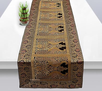 Osian Krafts Black Brocade & Polyester Satin Ethnic Table Runner for Dining Table 60x16 Inches, Single Pc