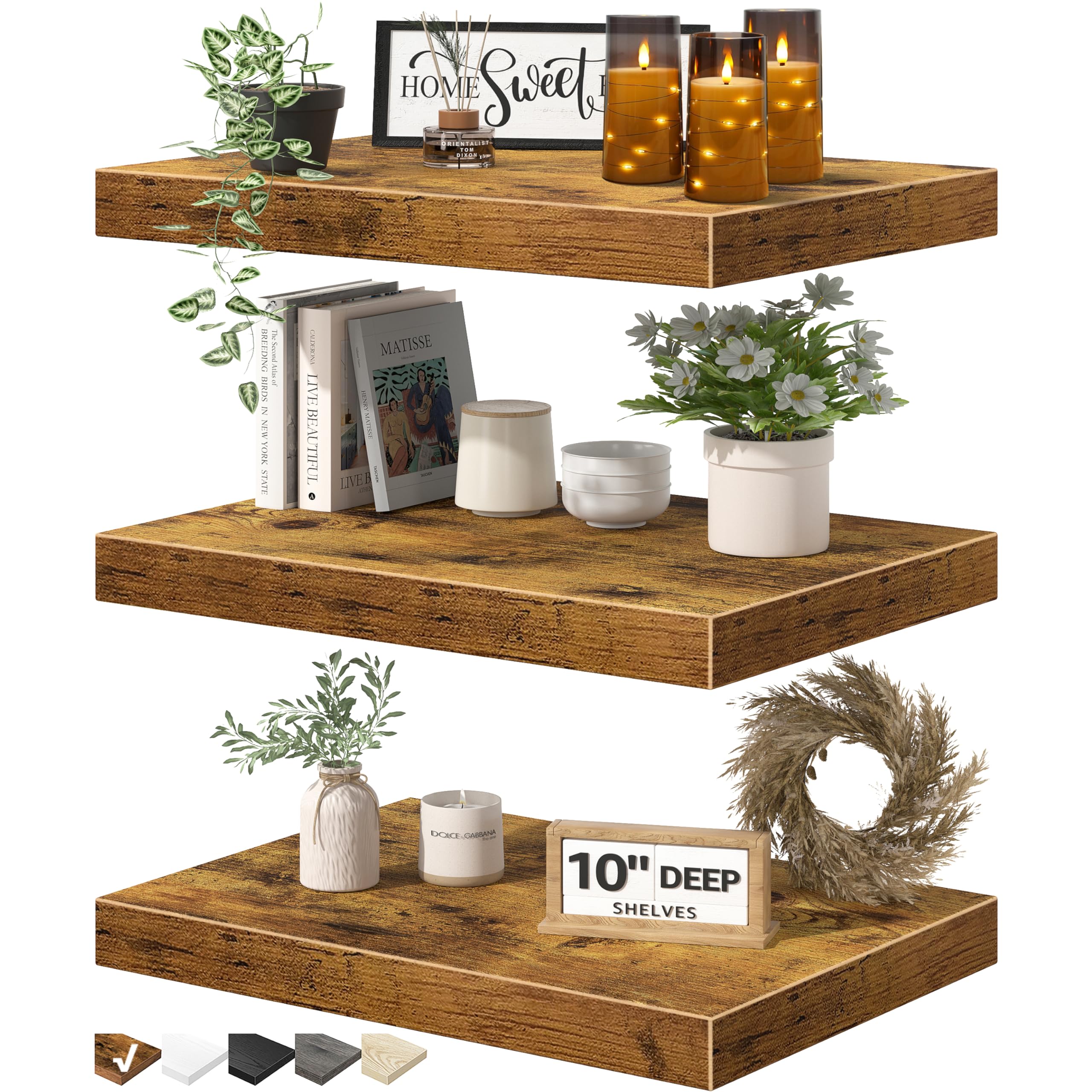 Photo 1 of QEEIG 10" Deep Floating Shelves for Wall - 10 x 16 inch Book Shelf Bathroom Bedroom Kitchen Living Room Hanging Bookshelf Farmhouse Set of 3, Rustic Brown (025-40BN3)