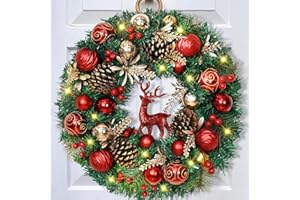 ARTFLOWER Christmas Wreath - 16" Christmas Wreaths for Front Door Red Christmas Reindeer Balls Berries Pine Cones Pine Needles Door Wreath for Home Wall Window Porch Indoor Outdoor Decor