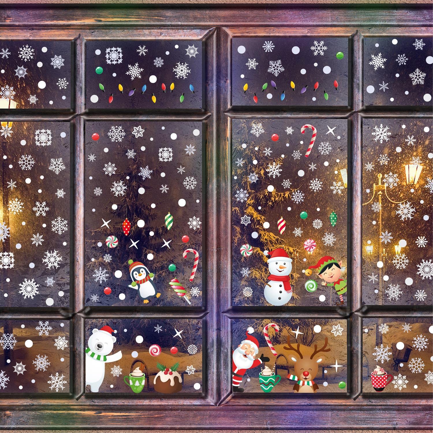 WALPLUS Christmas Window Stickers Clings Xmas Decoration Sale Clearance Reusable Double-Sided Print Decals Glass Living Room Windows Display Santa Friends with Snowflakes 334 Pieces,C3WSW002,One Size