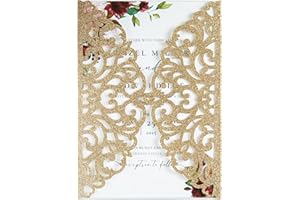 FEIYI 20Pcs Gold Glitter Laser Cut Invitation Cards With Blank Inner Sheets for Wedding Cards Bridal Shower Engagement Quinceanera Invitation (No Envelopes)