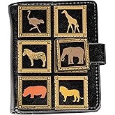 Shag Wear Women's PU Vegan Leather Colorful Slim Trendy Small Bifold Wallet with 4 Credit Card Slots, 1 Zippered Coin Pocket, and Clear ID Window (African Pattern, Black)