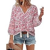 Vivilli Womens Boho Tops Casual V Neck 3/4 Sleeve Blouses Floral Print Shirt Tie Front Flowy Vacation Clothes