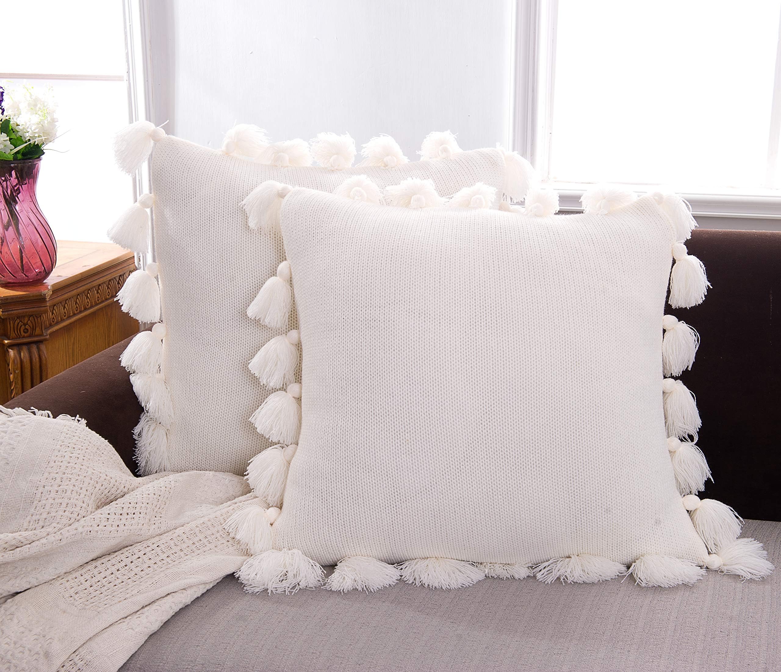blackbunny Square Cream Decorative Throw Pillow Cover, Woven Accent Boho Farmhouse Cushion Sham, Cute Soft Pillow Cases with Handmade Tassels for Couch Sofa Bedroom Living Room (One 18x18 inch Cover)