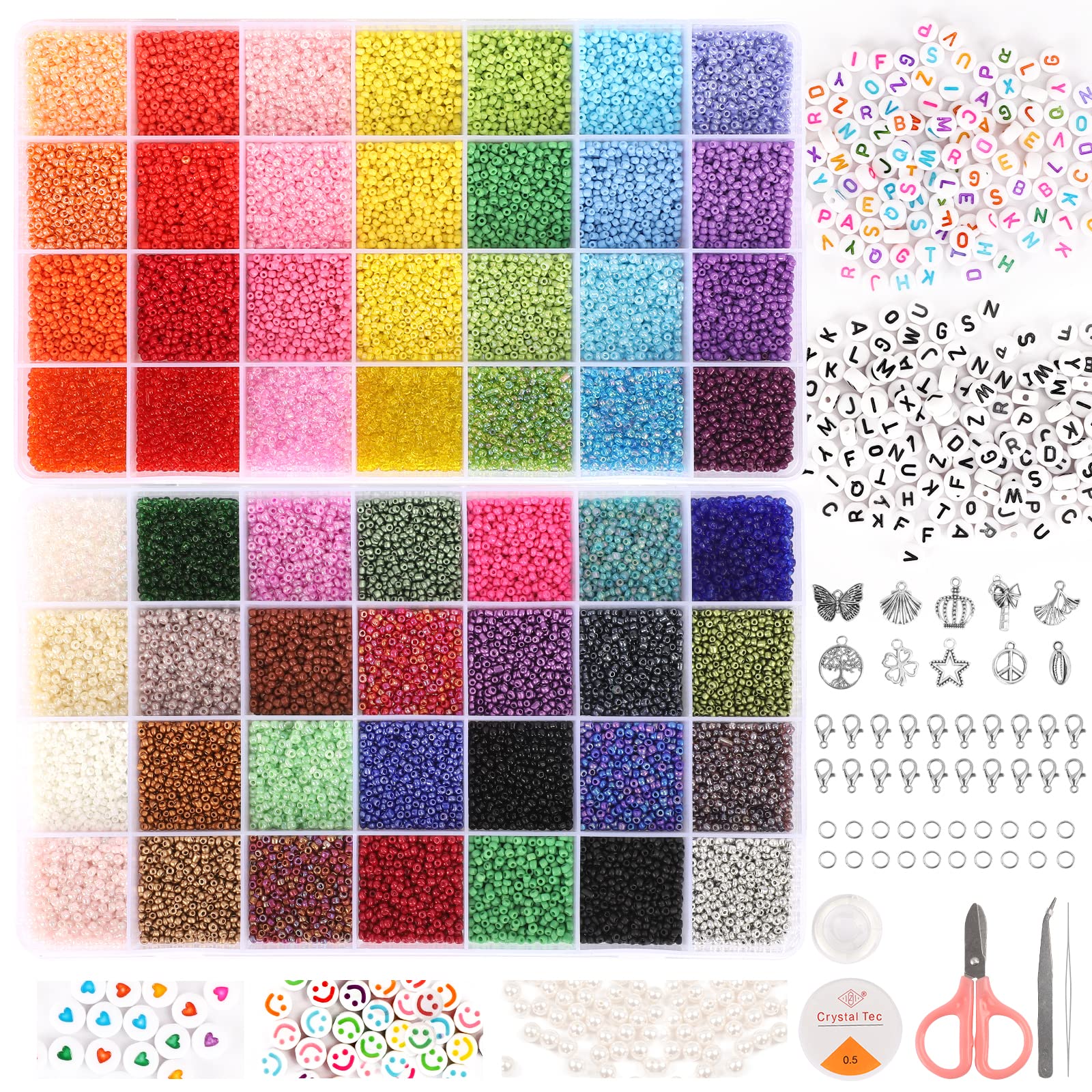 QUEFE 45000pcs Glass Seed Beads for Bracelet Making Kit, 56 Colors