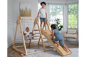 Avenlur 4-in-1 Juniper Indoor Play Gym - Jungle Gym Playset with Baby Swing, Slide, Ladder, and Climbing Wall - Foldable Wooden Playset - Indoor Jungle Gym for Kids Ages 18mo to 6yrs