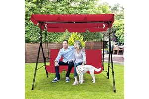 GARTOO 3-Seat Patio Swing Chair, Outdoor Porch Swing with Adjustable Canopy and Durable Steel Frame for Patio, Garden, Poolside(Red)