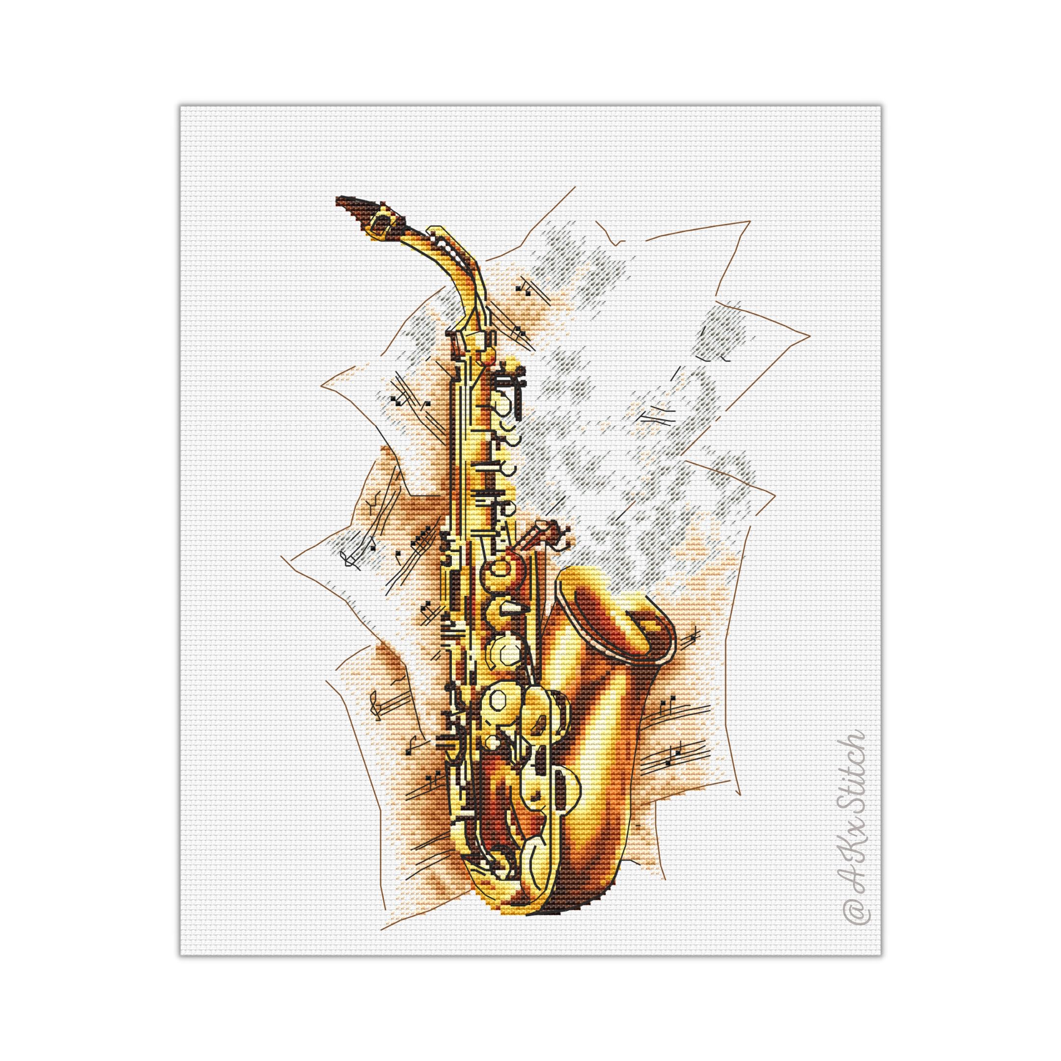 Saxophone Cross Stitch Kit/Cool Embroidery Pattern and Supplies, Watercolour Sketch Style Art of Musical Instrument Sax & Note Chart