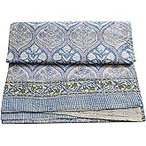 thehandicraftworld Quilted Throw Blanket - Indian Handmade Pure Cotton Kantha Quilt King Size Palm Tree Print Bedspread - 90x108 Inches