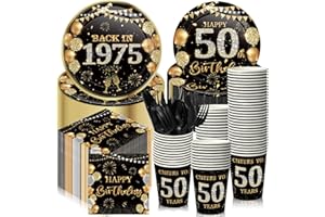 Ninehaoou 240 Pcs 50th Birthday Decorations Birthday Party Tableware Include Plates Napkins 9oz Cups Cutlery Anniversary Dinnerware Party Supplies for Men Women Him Her, Serve 30 Guests (Black Gold)