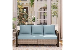 MeetLeisure 75" Patio Metal Wicker Sofa, All Weather Outdoor Rattan 3-Seat Sofa Couch with Premium Cushions & Rectangular Framed Wood-Looking Metal Armrest for Garden Backyard Porch Deck, Baby Blue
