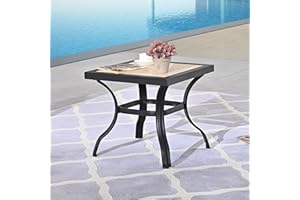 LOKATSE Home 21" Outdoor Square Patio Bistro End Table Metal Steel Legs with Ceramics Top, Black