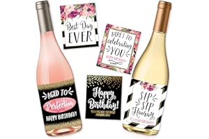 HADLEY DESIGNS 5 Birthday Wine Bottle Labels or Stickers Present, Bday Milestone Gifts For Her Women, Any Age Years Funny Unique Old Chic Pink Black Gold Party Decoration Centerpiece Supplies For Wife, Mom, Friend