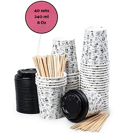 40 Pappbecher 240ml 8 Oz mit Deckel und Holz Rührstäbchen - Kaffeebecher To Go Zum Servieren von Kaffee, Tee, heißen und kalt