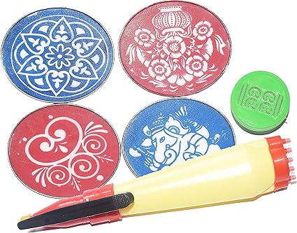 Oramsa Complete Rangoli Kit 4 Four Round Rangoli Stencils -,1 Rangoli Pen, and 1 Rangoli Stamp