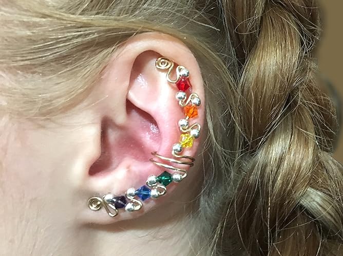 Single LEFT SIDE Rainbow Ear Cuff, in Sterling Silver and