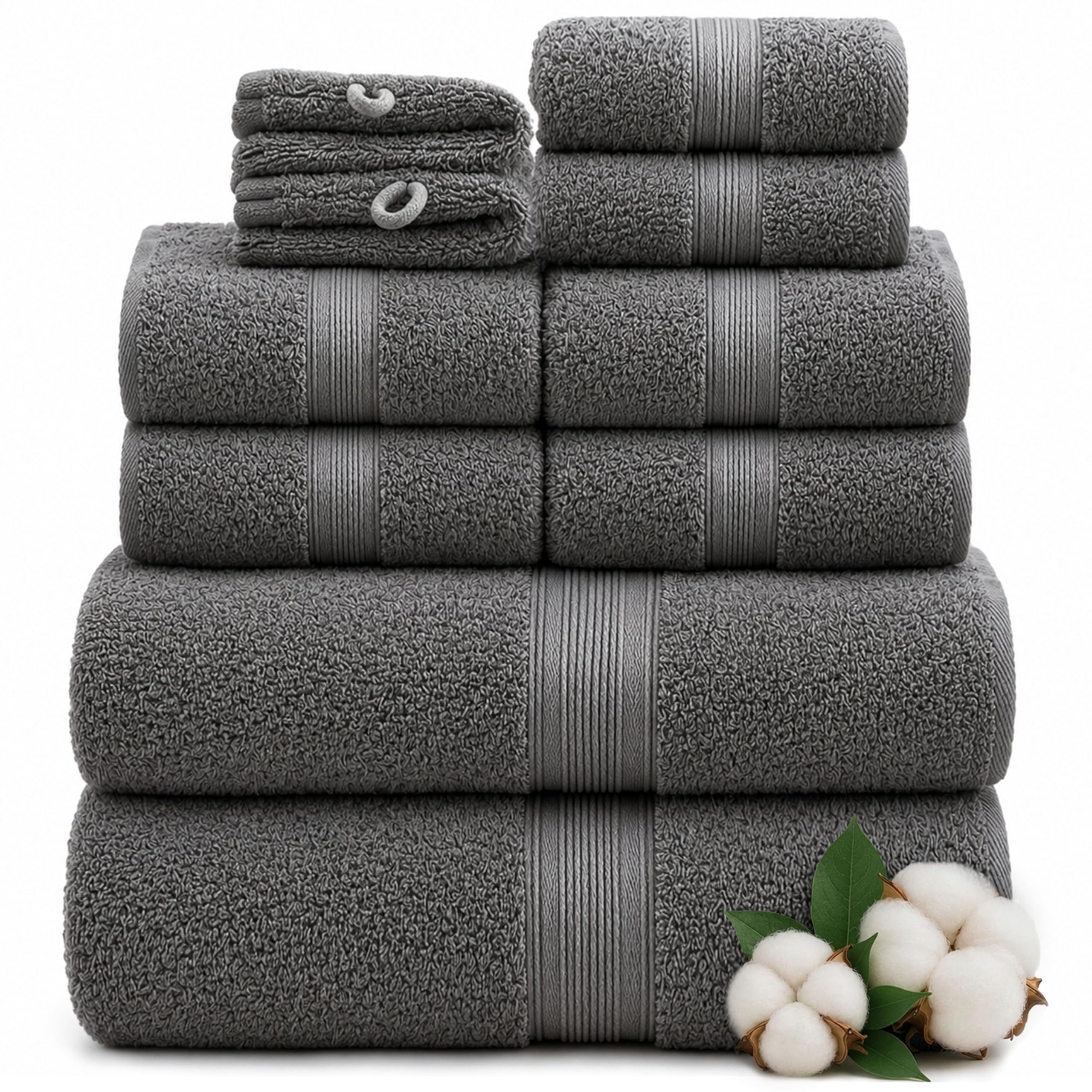 Green Mark Handtuch-Set mit 10 Teilen – 100% Baumwolle – 4 Handtücher 50 × 100 cm, 2 große Duschtücher 70 × 140 cm, 2 Gästetücher 30 × 50 cm und 2 Waschhandschuhe – Anthrazitgrau