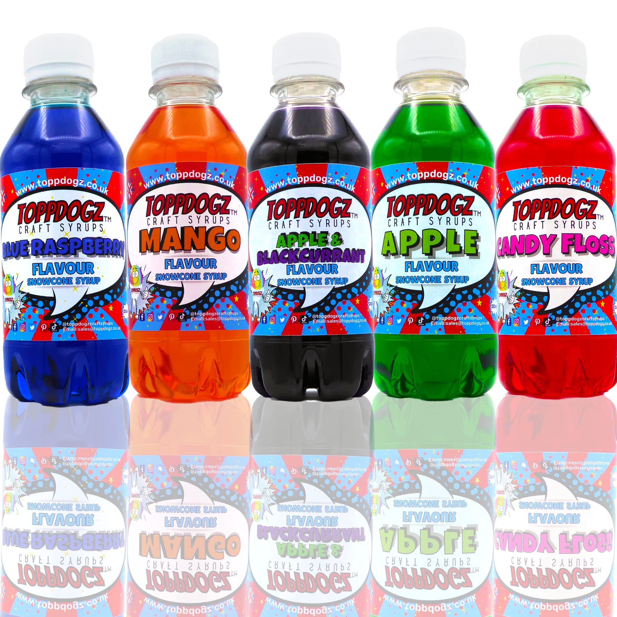 ToppDogz Slush Syrup|Snow Cone Syrup|Slushy| 5x Pack Blue Raspberry, Mango, Candy Floss, Apple and Apple & Blackcurrant slushie