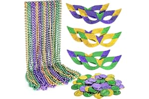 ELECLAND 102Pcs Mardi Gras Costumes Accessories, Mardi Gras Beads Necklaces Bulk, Mardi Gras Face Cover, Mardi Gras Plastic Coins for Mardi Gras Party Decorations, Masquerade Costume Party Favors