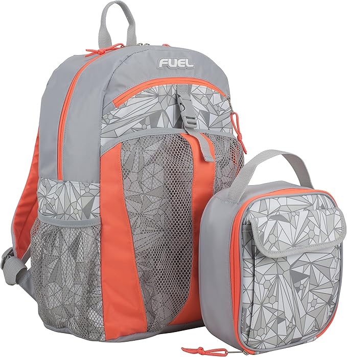 Fuel Backpack & Lunch Bag Bundle, Bright Coral/Soft Silver/Diamond Geo Print