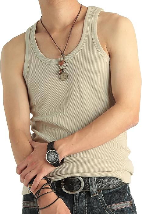 Amazon ファストカラーズ タンクトップ テレコ素材 無地 ノースリーブ シンプル メンズ インナー 夏 サマー リゾート モカ Lサイズ タンクトップ 通販