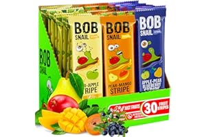BOB SNAIL Snacks Variety Pack for Kids Adults – 30 Healthy Fruit Snacks Individual Packs with Natural Mango Blueberries Pears and Apple – Gluten-Free Vegan Low Carb Fruit Bar No Sugar Added
