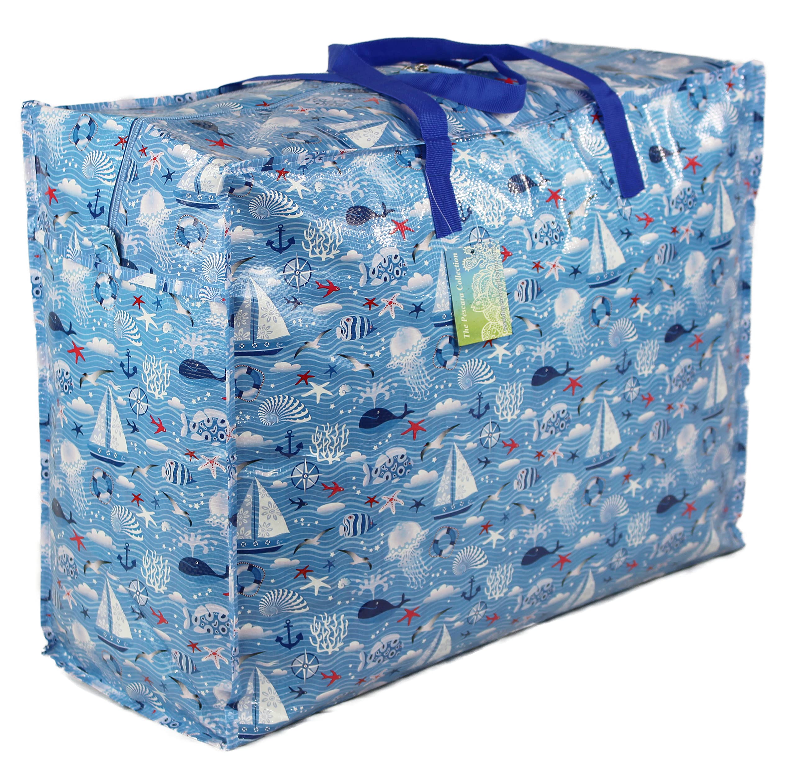 Large 65 litre Storage Bags Water & Dust Resistant. Double zipped storage bags for toys, laundry, bedding. Underbed Wardrobe Space Saver Blue Seaside print โ image 1