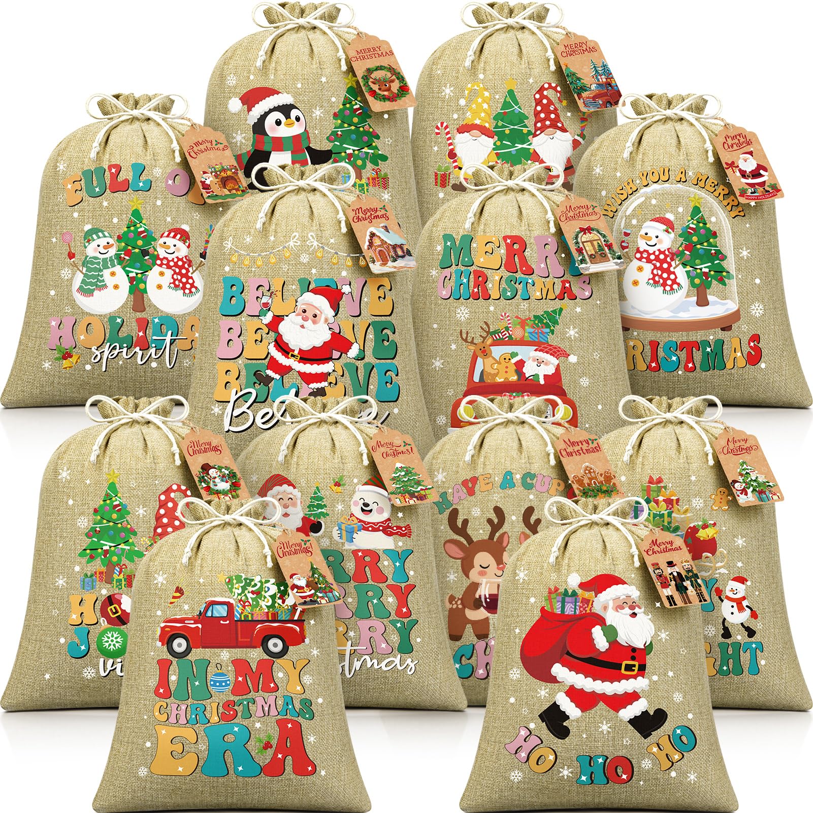 Photo 1 of 12 PCS Burlap Christmas Drawstring Gift Bags, 12x16in Christmas Linen Gift Bags w/Tags, Large Xmas Burlap Sacks Jute Goody Gift Bag Candy Treat Bags Reusable Gifts Wrapping for Holiday Party Favors