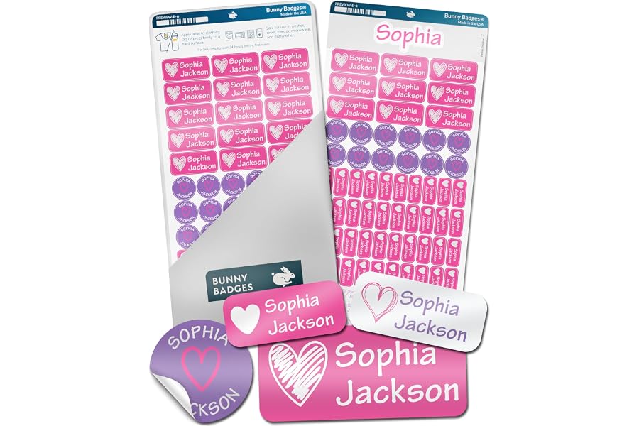 Bunny Badges Personalized Daycare Name Labels for Kids (130 Labels) - Custom Waterproof Name Stickers for Clothing Tags, Water Bottles, Lunch Boxes and School Supplies (Hearts)