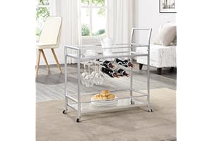 FirsTime & Co. Silver Delilah Bar Cart, 2 Tier Mobile Mini Bar, Kitchen Serving Cart and Coffee Station with Storage for Wine and Glasses, Metal and Glass, Modern