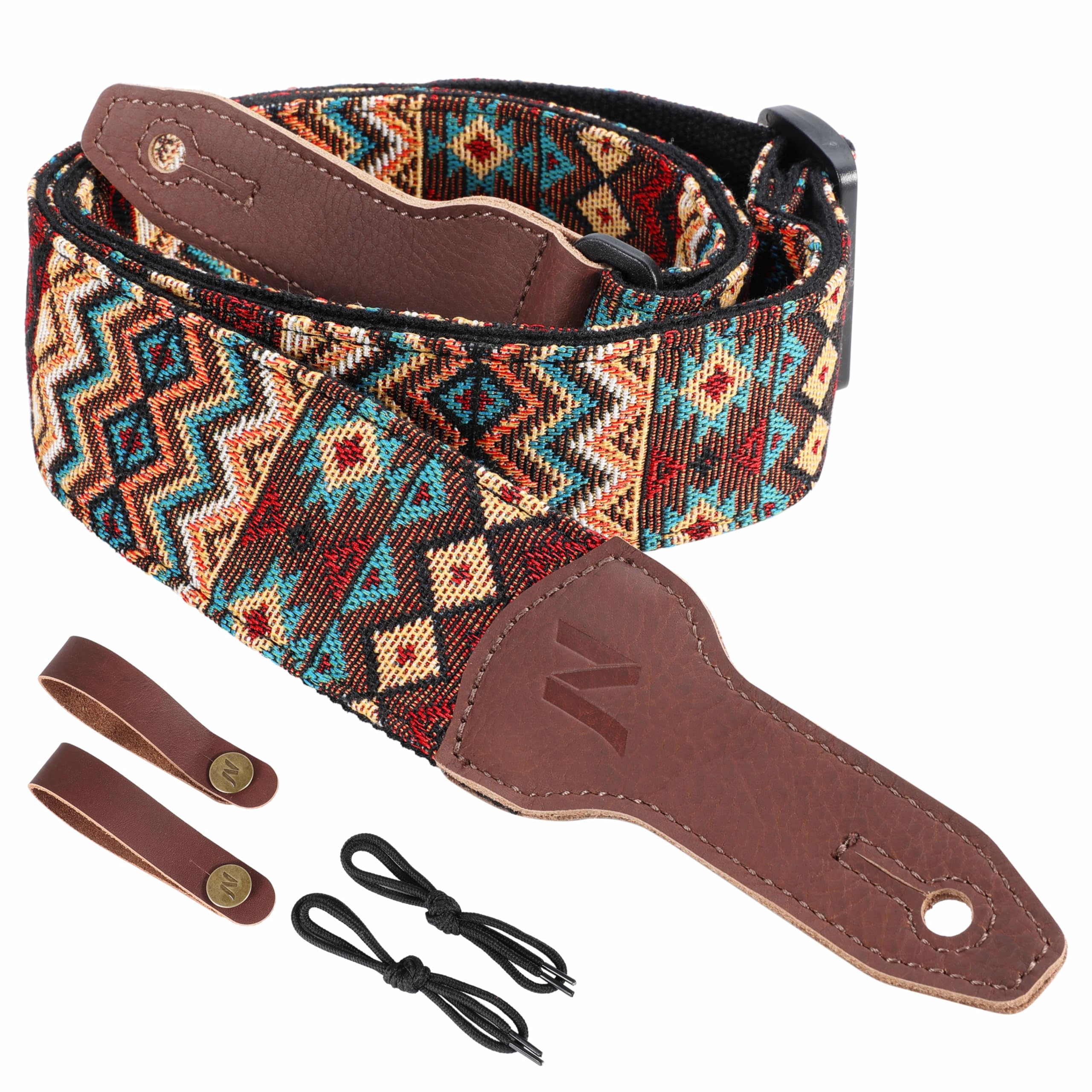 Nefelibata Banjo Strap, 2"Wide Full Grain Cowhide Guitar Strap Adjustable Replacement,Multi-pattern Guitar Strap With Headstock Rope and Leather Headband(Boho Brown)