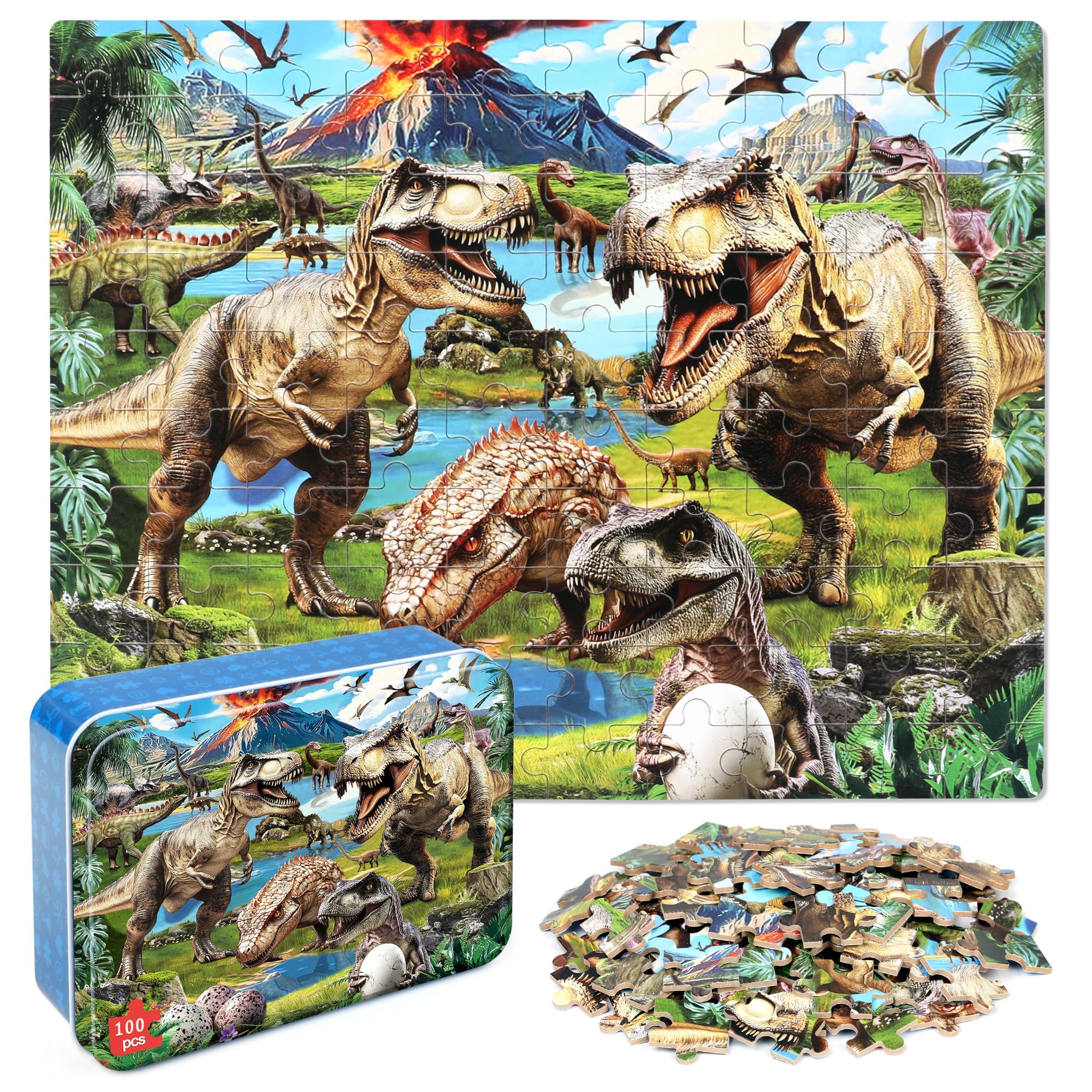 MZZOTOY Dinosaur World Puzzles for Kids Ages 4-8, 100 Pieces Jigsaw Puzzles for Kids Ages 3-5 Puzzle for Girls and Boys Learning Educational Puzzles Toys in a Metal Box