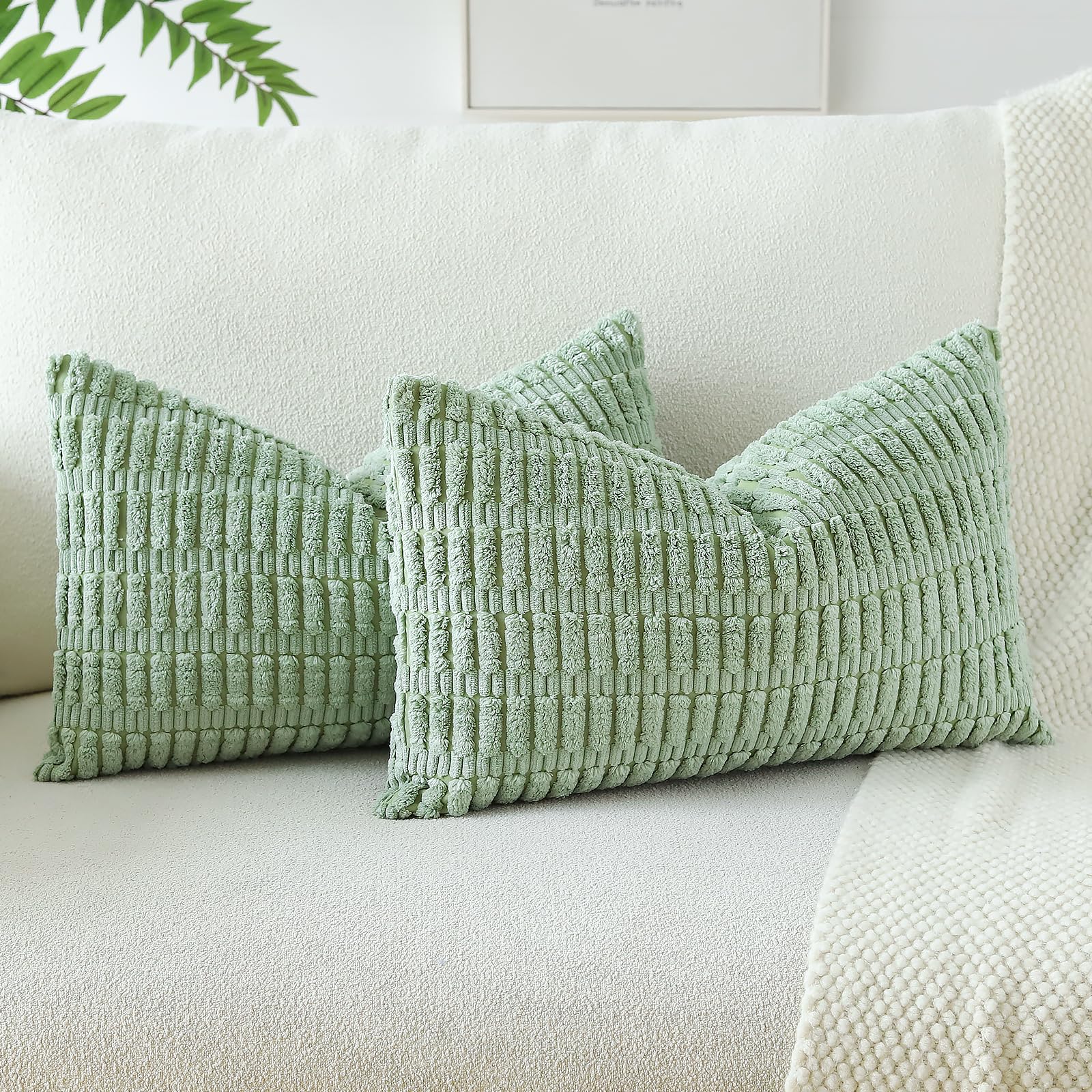 JOTOM Set of 2 Corduroy Soft Striped Cushion Covers 30x50 cm Boho Decorative Throw Pillow Covers Lumbar Cushion Case Couch Home Decor Pillowcases for Sofa Bedroom 12x20 Inch (Sage Green) โ image 1