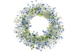 JINGHONG Artificial Daisy Wreath,22 Inch Spring Wreath Colorful Summer Wreath Floral Wreaths with Green Eucalyptus Leaves for Front Door Wall Window Decor and Spring Summer Holiday Decor(BU/WH/GN)