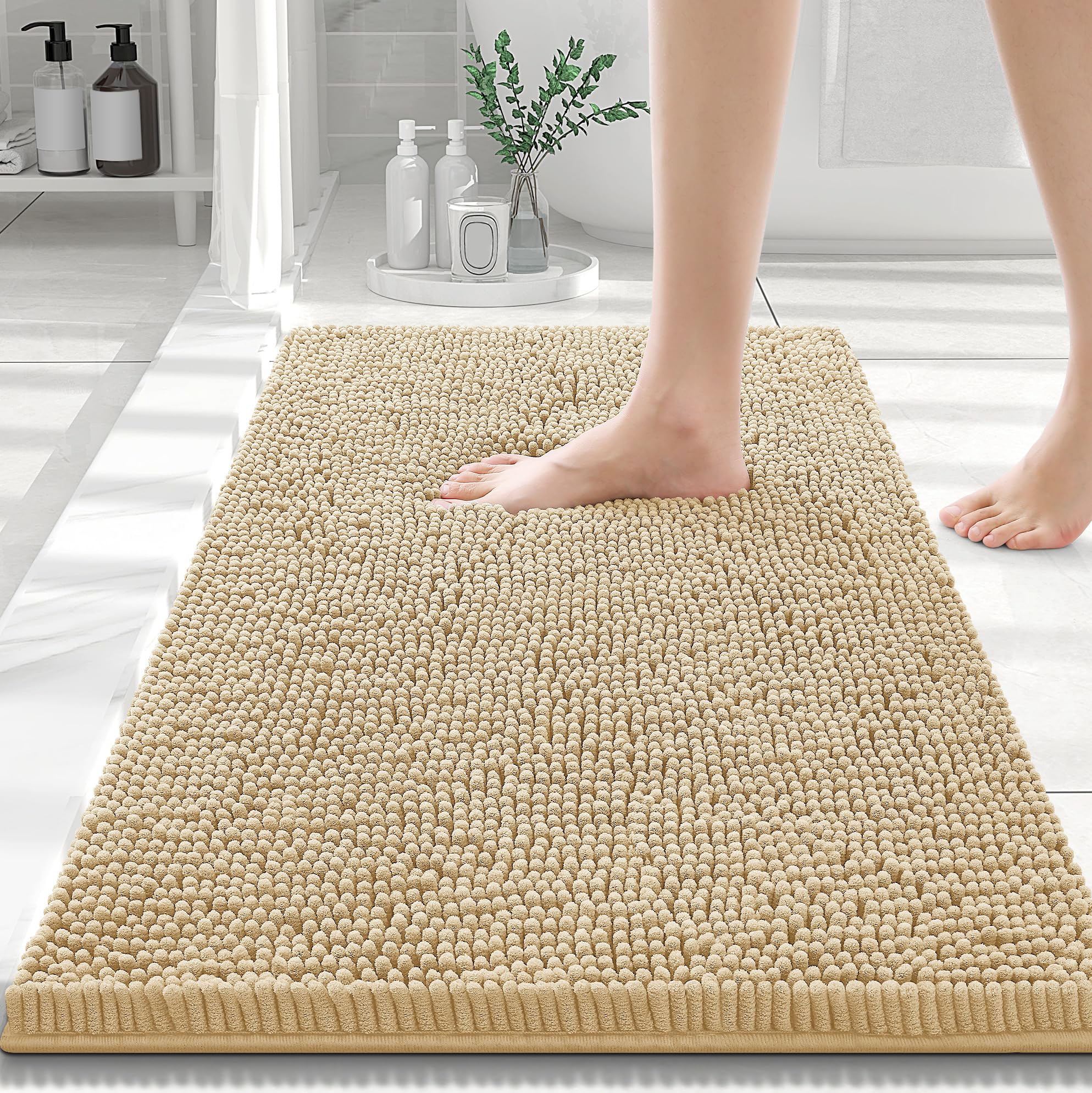 Photo 1 of Smiry Luxury Chenille Bathroom Rugs 30x20, Extra Soft and Absorbent Shaggy Bath Mat, Machine Washable, Non-Slip Plush Carpet Runner for Tub, Shower, and Floor, Home Decor Accessories, Beige